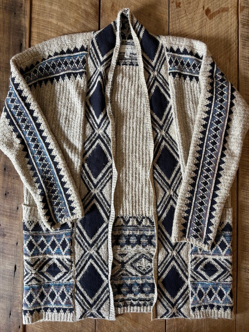 LUCKY BRAND Cadigan Sweater Women’s Size XS Open Front Boho Knit Oatmeal Navy